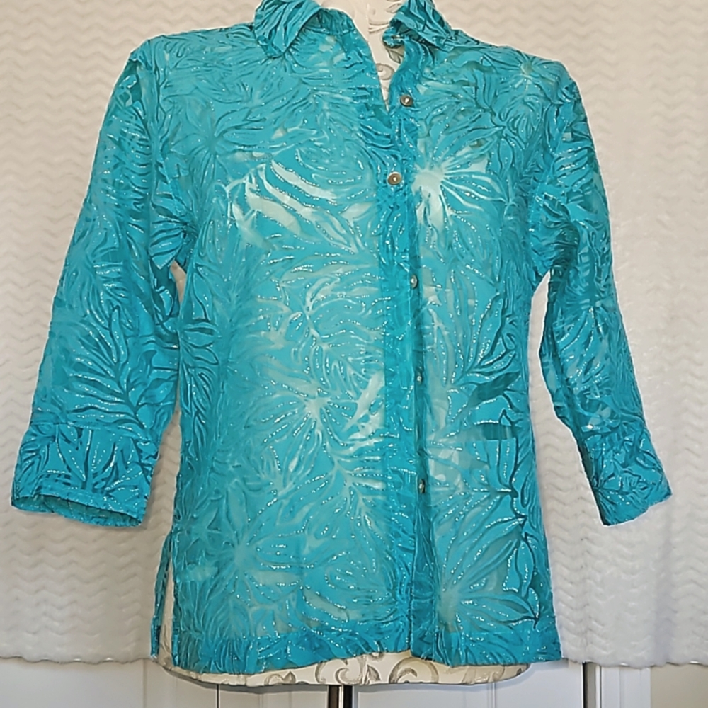 Hartfield design 3/4 sleeve shear teal colored top.
